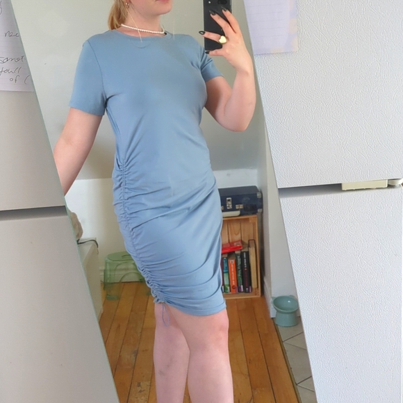 NWT MEDIUM MICHAEL KORS Baby Blue Ruched Bodycon Dress Sporty Casual - Picture 3 of 9